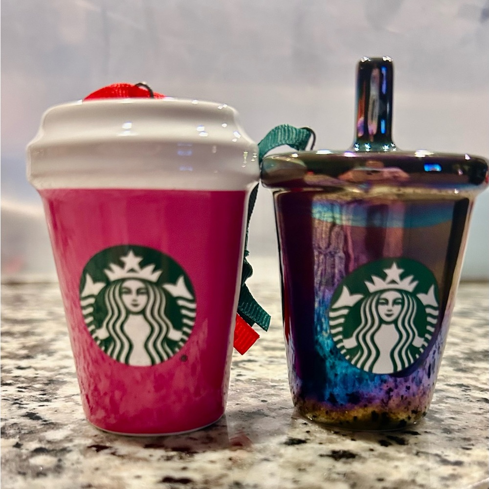 Starbucks Pink and Iridescent Cup Ornaments